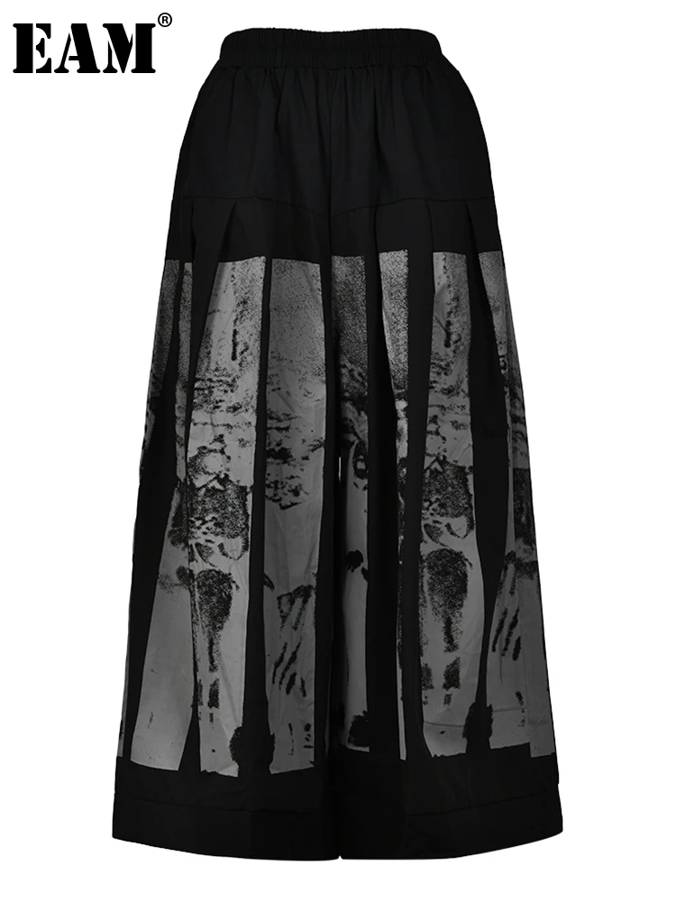 

[EAM] High Elastic Waist Black Pattern Printed Wide Leg Pants New Loose Fit Trousers Women Fashion Spring Autumn 2023 1DF629001