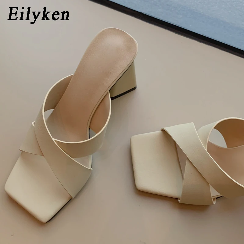 

Eilyken Yellow White Woman Gladiator Casual Sandals Outdoor Fashion Square Heel Open Toe Cross Female Slides Slippers