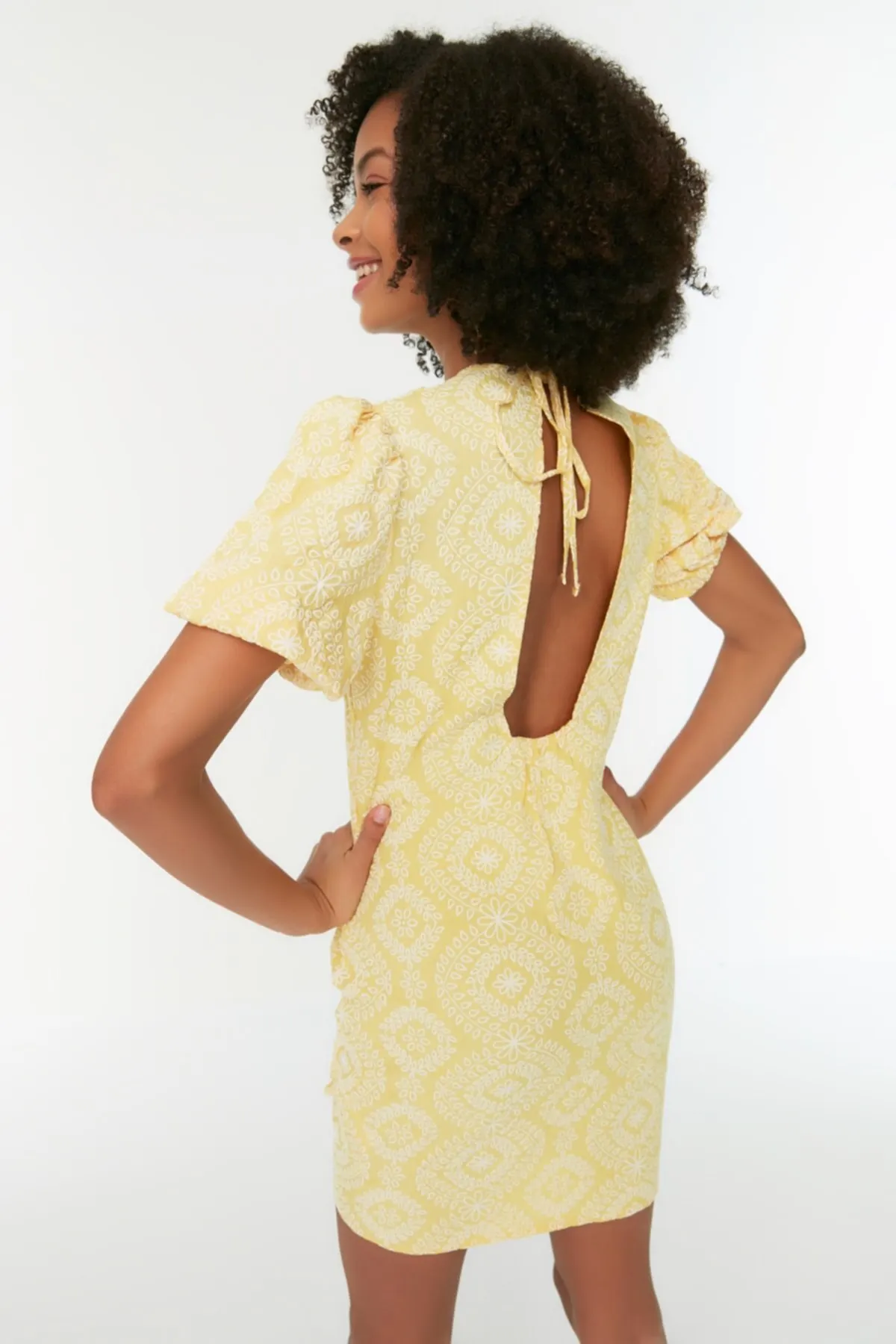 

Women's Dress Yellow embroidery Backless Elegant Fashion Casual Casual Casual Short Sleeve Summer Boho Beach Dress