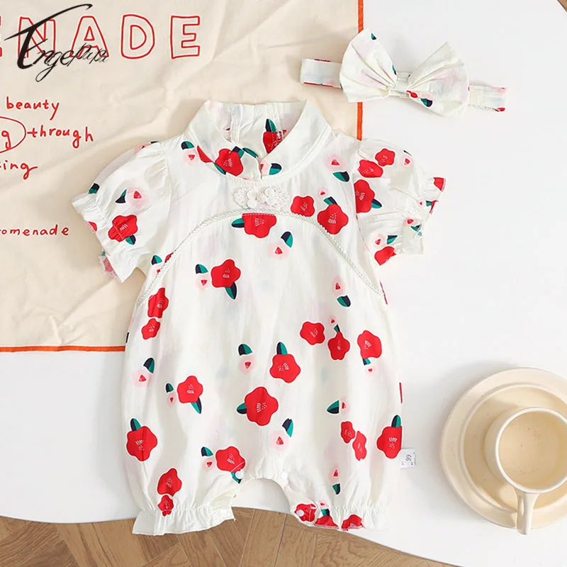 

2 шт., Детский комбинезон с коротким рукавом и цветочным принтом