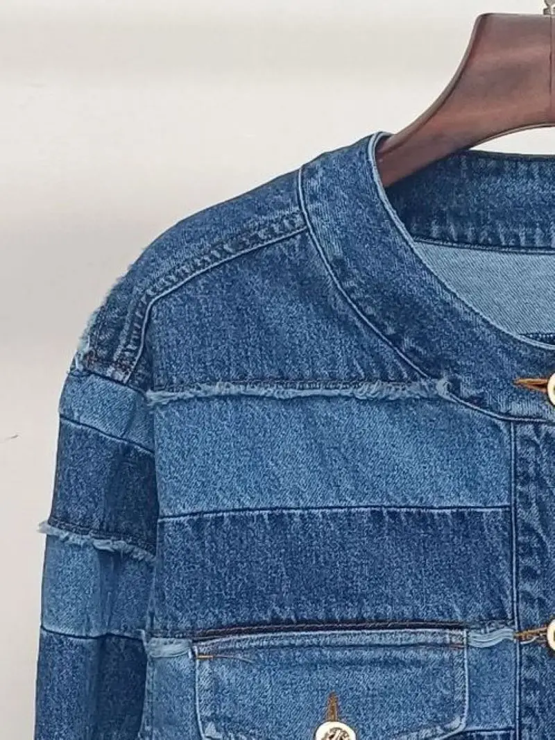 

Women Coat Denim Striped Tassel Spliced Pockets O-Neck Single Breasted Streetwear Jacket