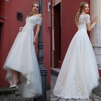 2022 a line lace appliques wedding dresses front short long back button charming tulle bridal gown customized vestido de novia