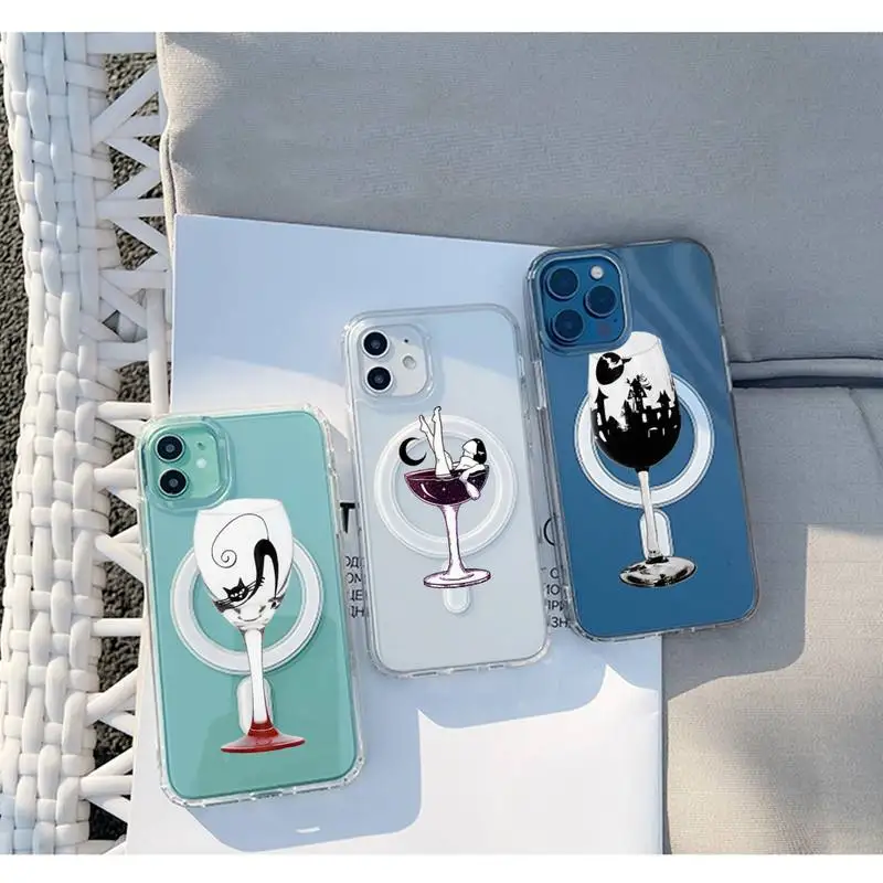 

Red wine glass coffee cat Phone Case Transparent Magsafe Magnetic Magnet For iPhone 13 12 11 Pro Max Mini Wireless Charging
