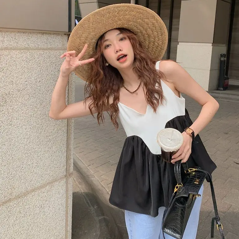

Korean Tanks Crop Top Women Fashion Summer Vest Patchwork Sexy Sling Y2k Tops 2023 Ropa Mujer Sweet Ruffles Loose Camis