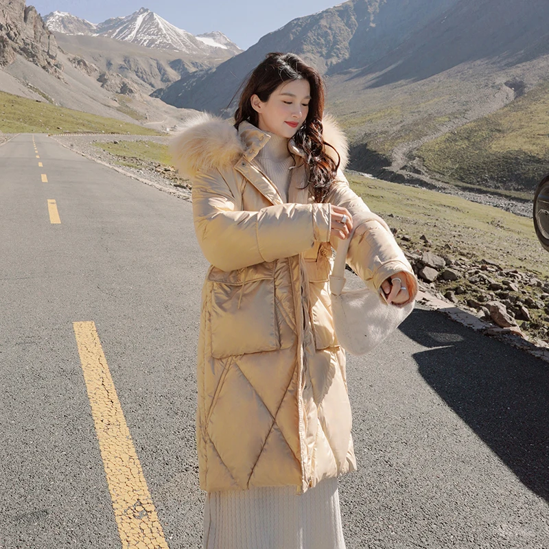 Fashion Women's Down Jackets Winter Long Fur Collar Hooded Casual Coat Glossy Silver Parkas Thick Jackets Women Outwear