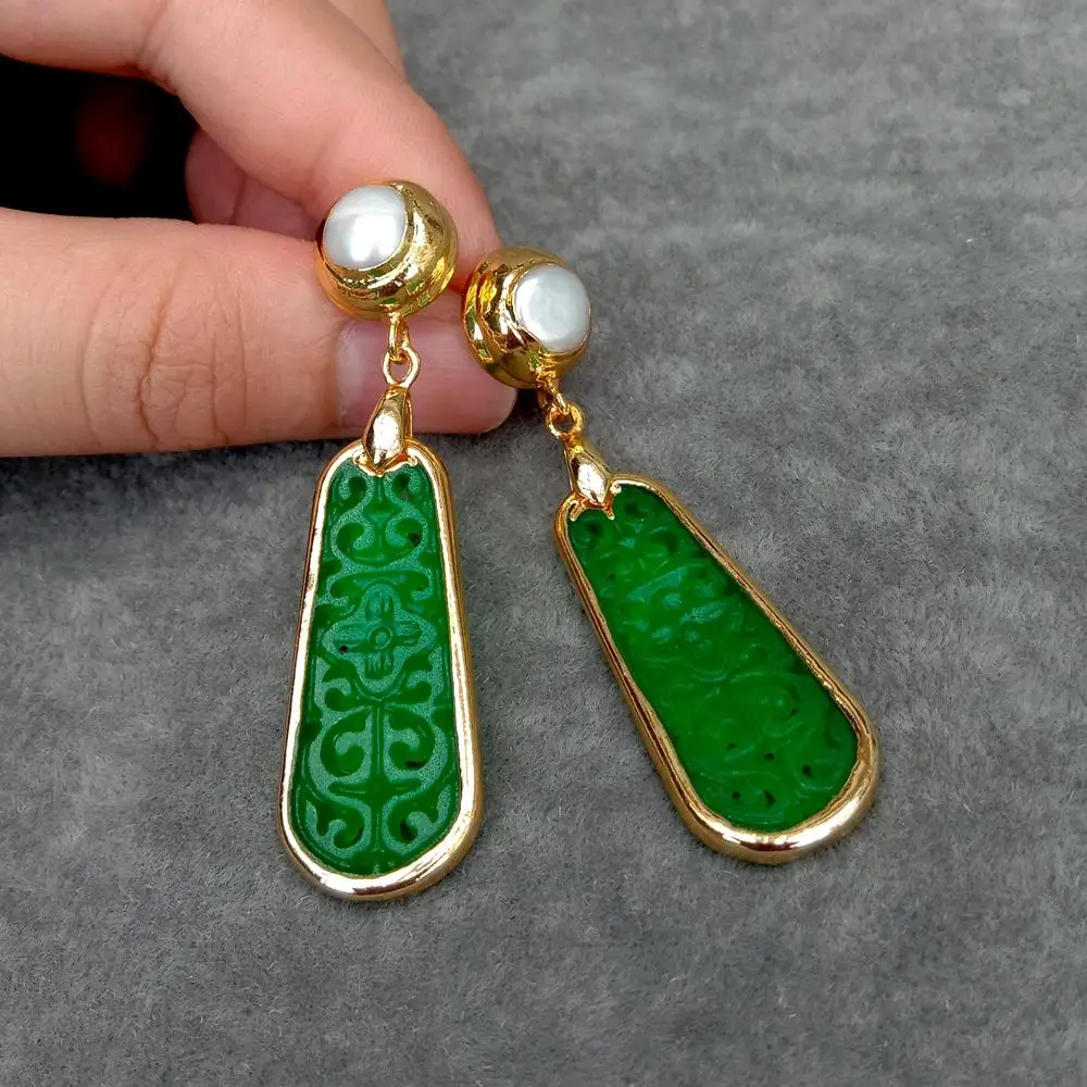 

Y.YING Carved Green Jade and Freshwater cultured white pearl Drop Earrings in Gold Plated stud