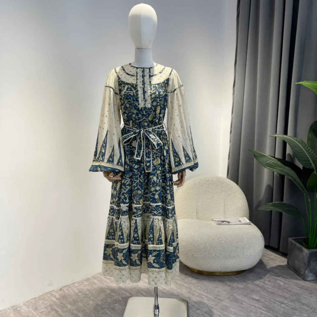 

Женское винтажное платье миди с поясом, длинным рукавом-фонариком и цветочным принтом на осень, 2022