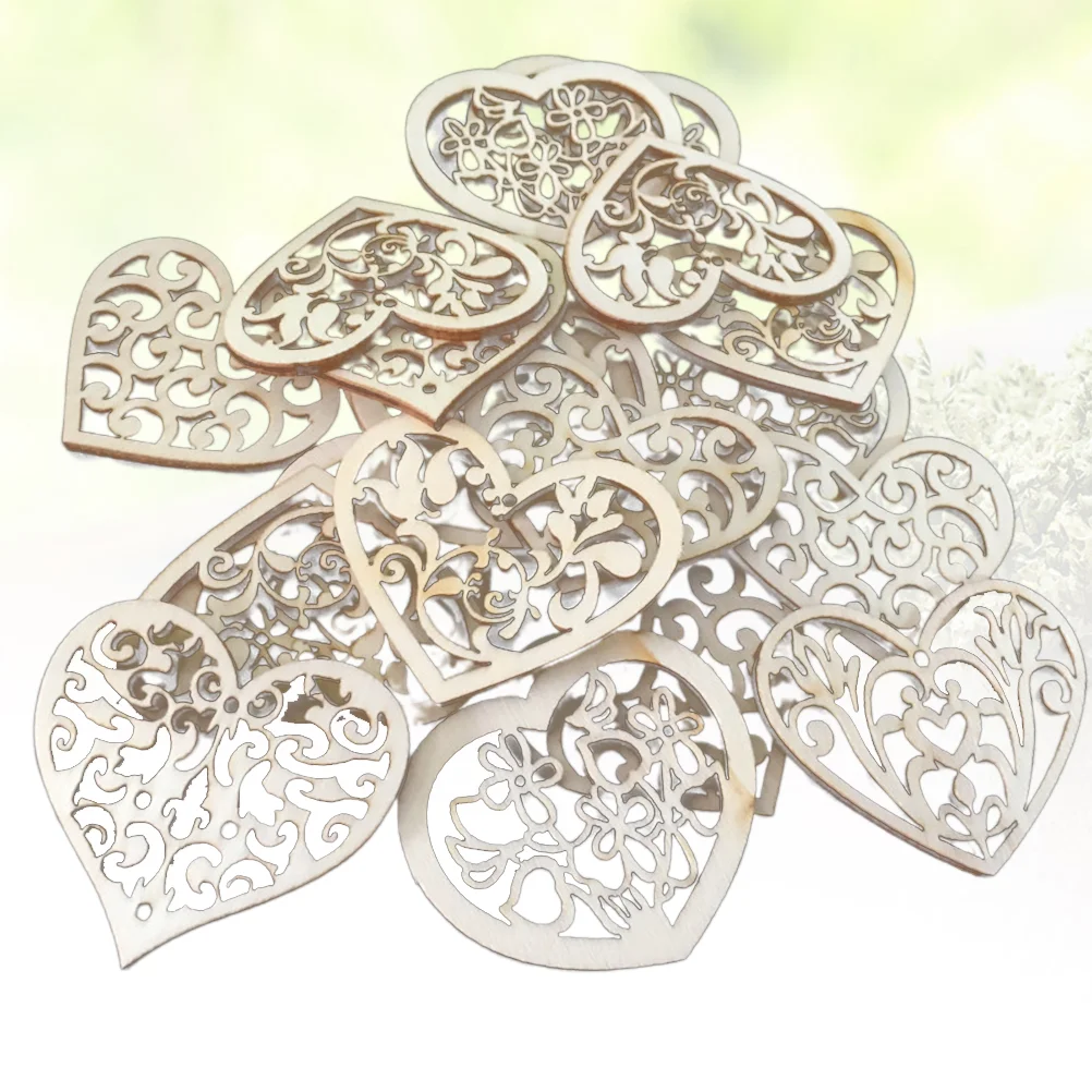 

100pcs Love Heart Shape Wooden Pieces Creative DIY Flower Wood Crafts Hollow Out Home Decor Wood Chips (Random Style)