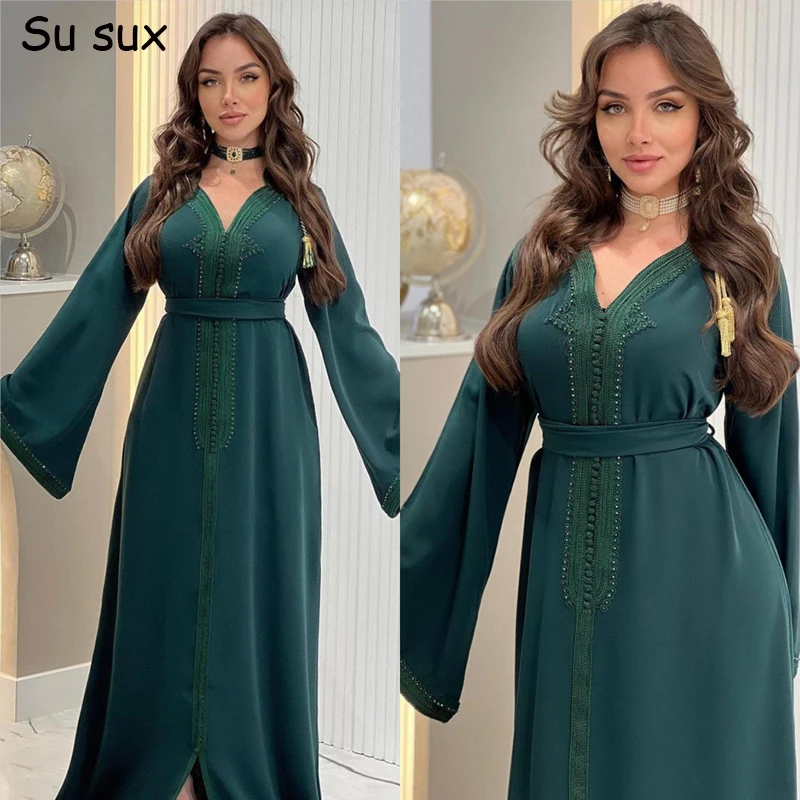 

Рамадан ИД, арабское мусульманское платье абайя для женщин, турецкий марокканский кафтан, элегантное Однотонное Платье макси с V-образным вырезом, женское платье 2023