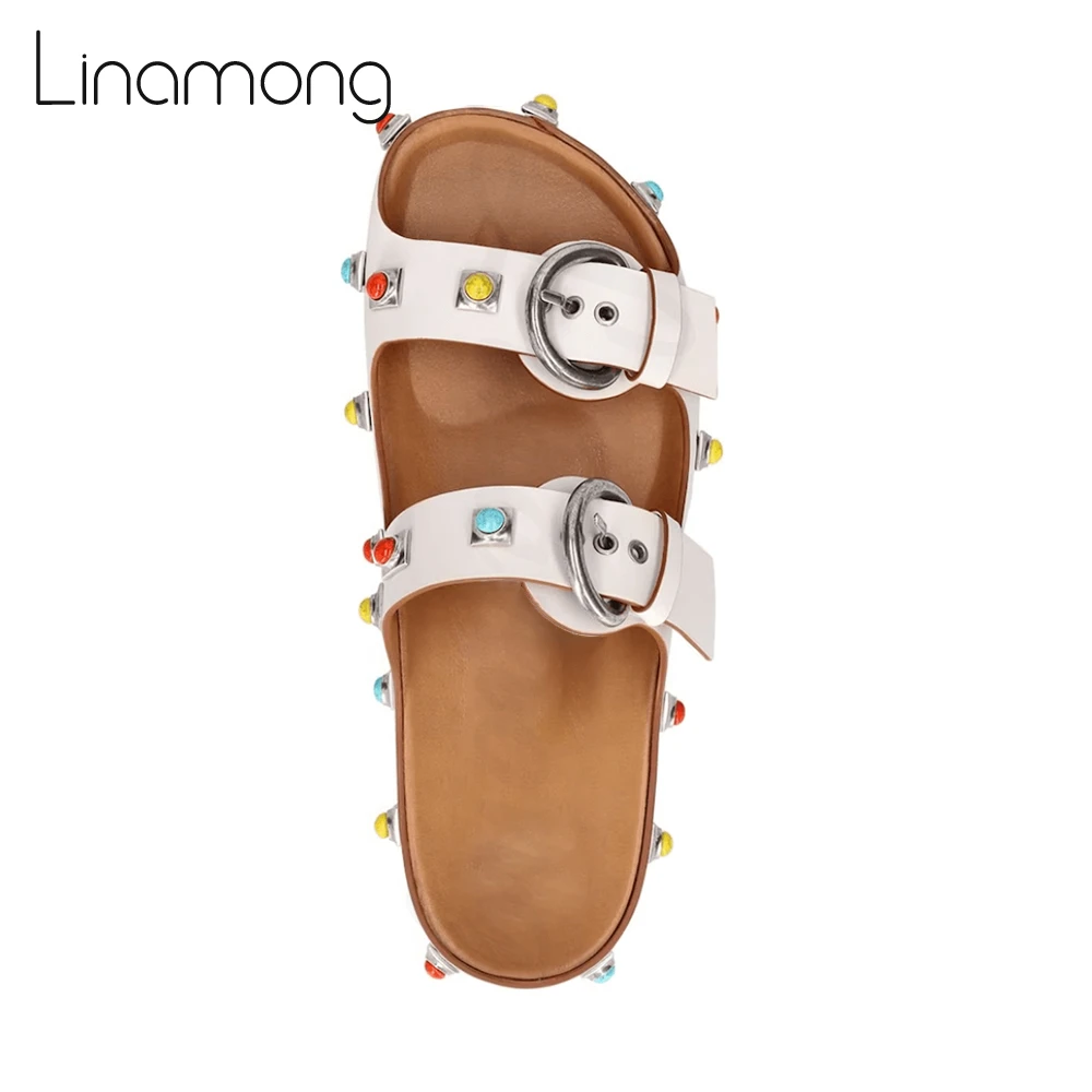 Colourful Stone Embellished Slippers Metal Gemstone Leather Strappy Sandals Adjustable Belt Buckle Rubber Sole Summer Shoes New