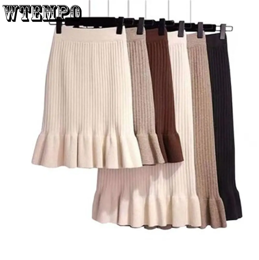 

Двухстильная Женская юбка WTEMPO, трикотажные плиссированные женские юбки с высокой талией, Однотонные эластичные трикотажные ребристые зимн...