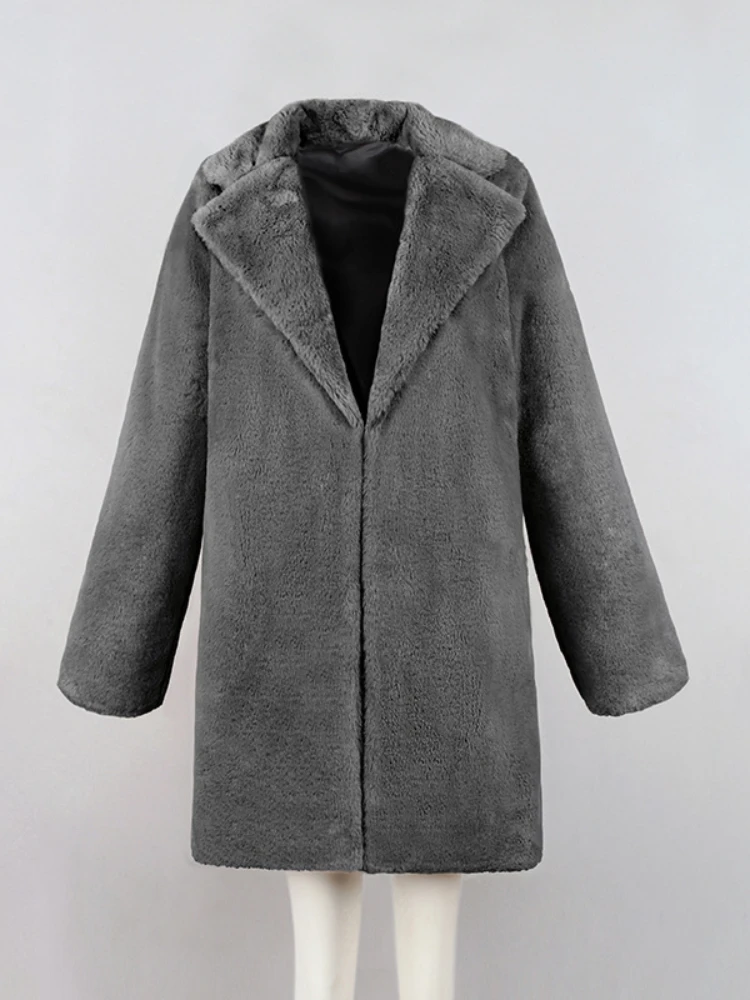 Lapel Solid Color Long Overcoat Women Clothing Imitation Fur Coat Warm For Autumn Winter Internal Lining Long Sleeve Plush Coat