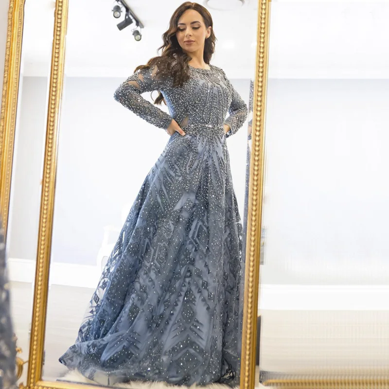 

Sharon Said Blue Long Sleeve Muslim Evening Dress Luxury Dubai Women Arabic Formal Dresses for Wedding Guest Plus Size SS063
