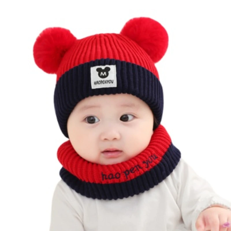 Baby Knitting Hat Cotton Ear Cap for Boys and Girls Winter Hat Scarf Set Infant Accessories Thick Woolen Hat 6 Months-2 Years
