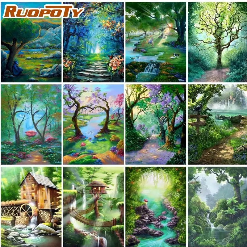 

RUOPOTY Oil Painting By Number Tree Drawing On Canvas DIY Pictures By Numbers Landscape Kits Hand Painted Paintings Home Decor
