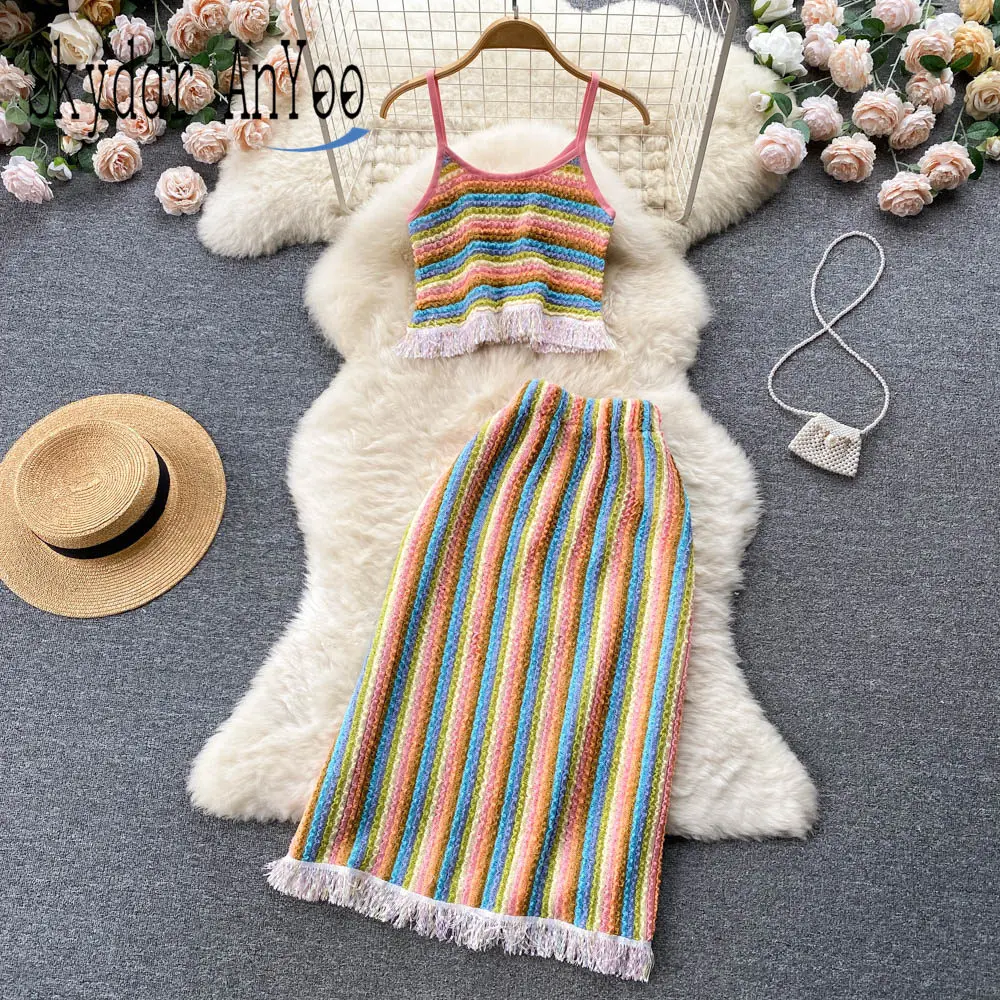 

Fashion Boho Beach Two Piece Sets Womens Outifits Knitted Striped Camisole Tops And High Waist Bodycon Midi Skirt Elegant Sets