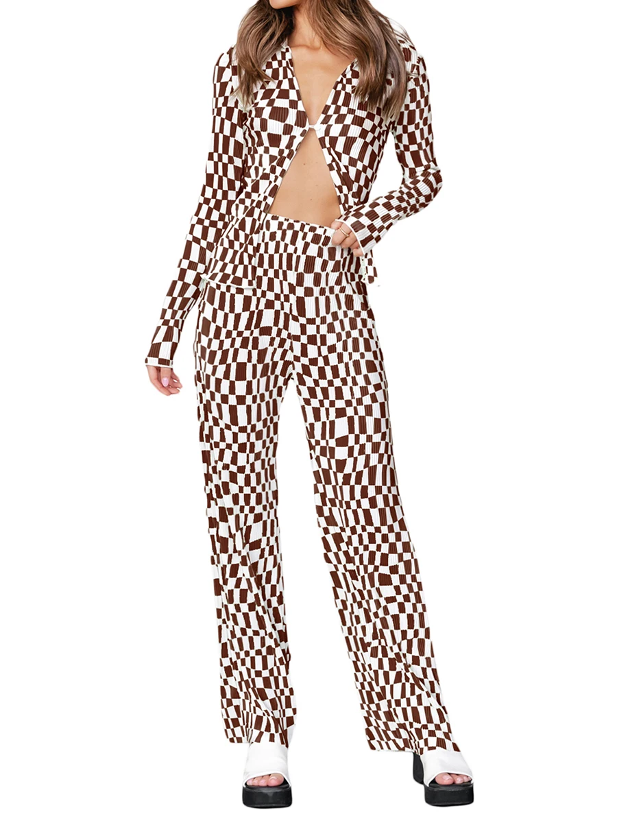 

Women Y2k Plaid Trousers Suit Long Sleeve Cutout Shirt Outfits Wide Leg Pants Casual Fall Set