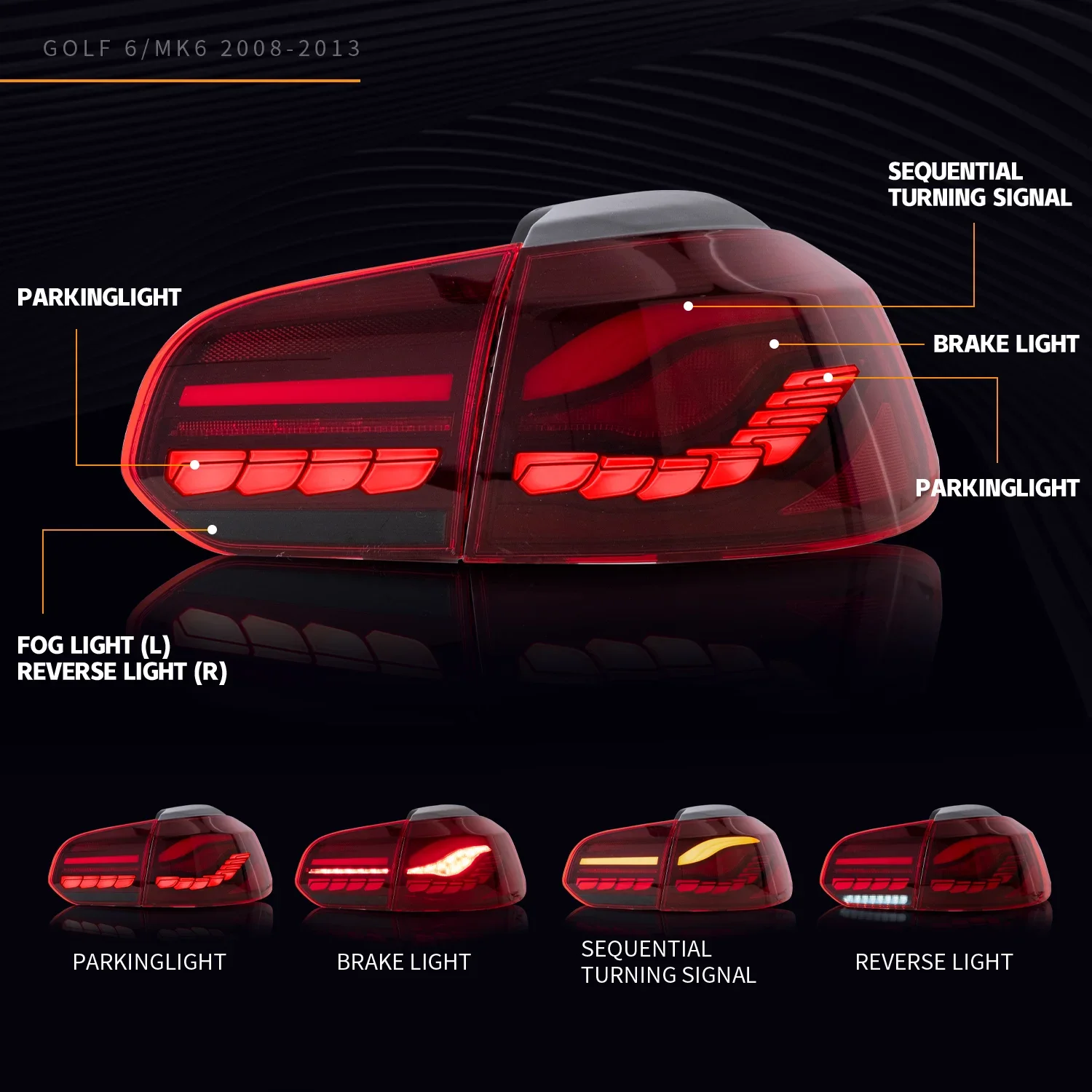 Последовательные задние фонари для MK6 2013-2018 полностью светодиодные в сборе с