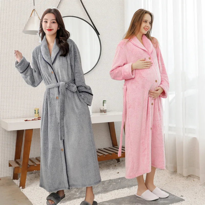 

Women Ultra Long Plus Size Thick Warm Bathrobe Lovers Winter Thermal Flannel Bath Robe Men Robes Pregnant Buttons Dressing Gown