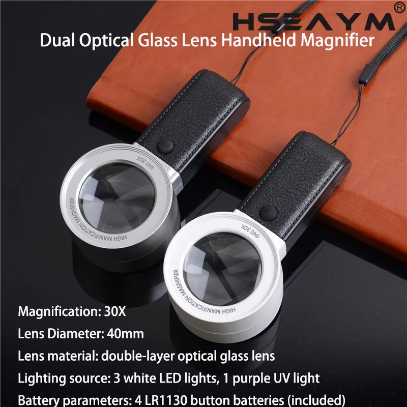 

30X Double Pptical Glass Lens 3 LED+1 UV Light Lamp Handheld Magnifier Repair Loupe Elderly Children Reading Magnifying Glasses