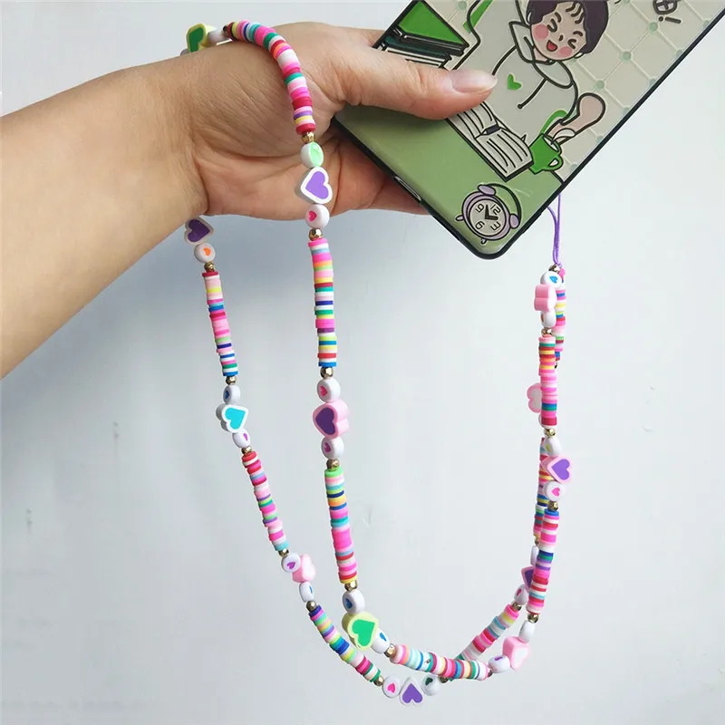 Punki 2022 Summer Fashion Ladies Soft Ceramic Colorful Beads Long Mobile Phone Case Lanyard Cute Smiley Pearl Eye Jewelry