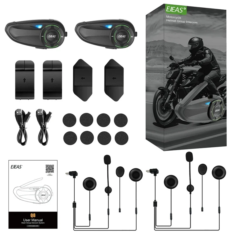 EJEAS Q8 Мотоциклетный сетчатый домофон с EUC Remote Walkie Talkie Bluetooth-гарнитура для 6 гонщиков с Bluetooth 5.1