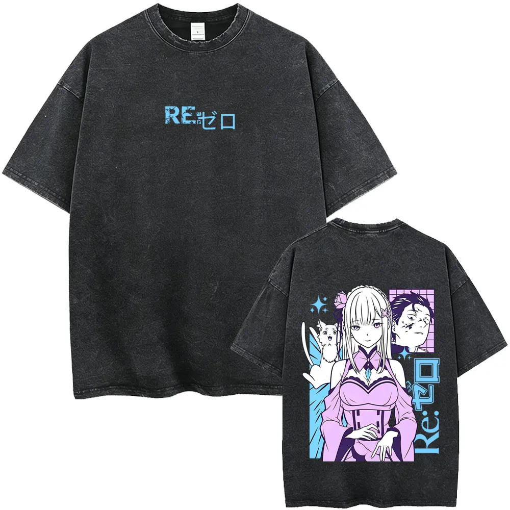 Фото Винтажная футболка с принтом аниме Re:ZERO - Жизнь в другом мире, с изображением Субару, Нацуки, Эмилии, унисекс, оверсайз №1