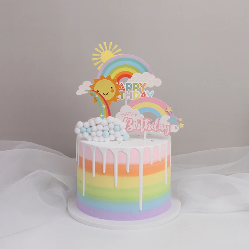 Rainbow Cake Topper Stars Sun Clouds Happy Birthday Wedding Decoration Bride Cupcake Decor Party Baby Shower Baking Supplies 1PC