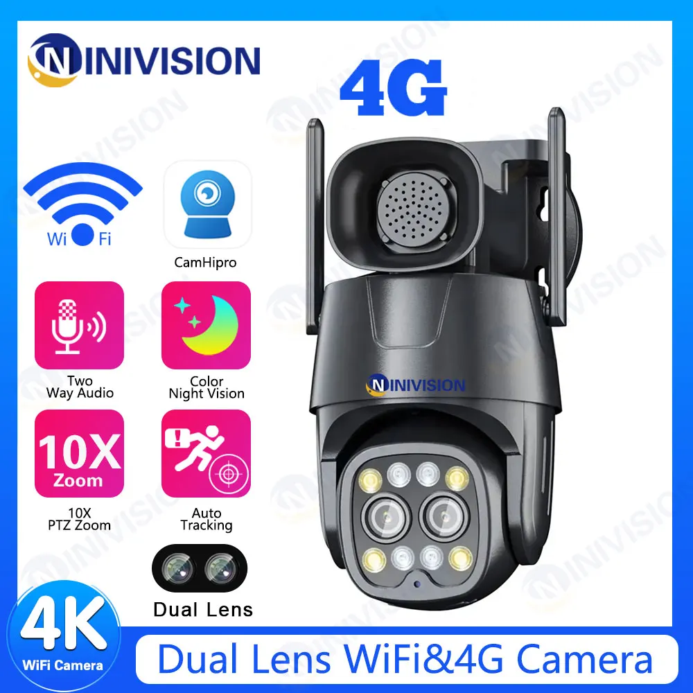 

Wifi/4G Sim Card Surveillance Camera PTZ Outdoor 8MP Security CCTV Cam Dual Lens 3.6mm-8mm AI Human Tracking Night Vision Camhi