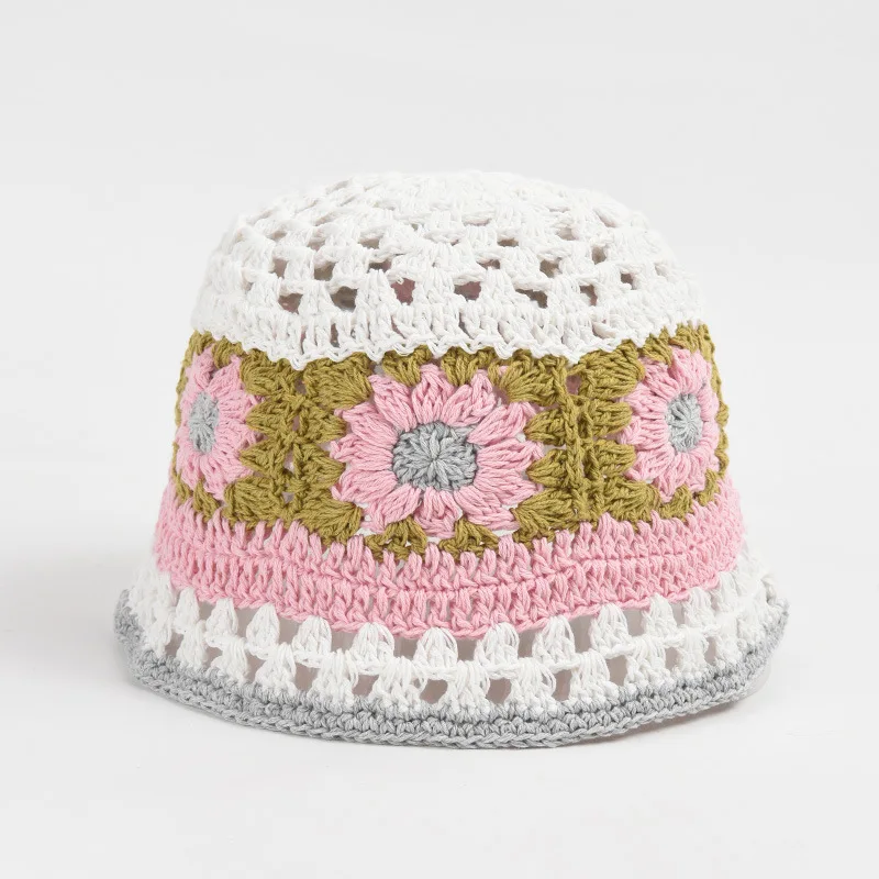 Korean Japan Niche Design Cotton Knitted Crochet Bucket Hat Fisherman Hat Women's New Sweet Handmade Hollow Basin Beanie Hat images - 6