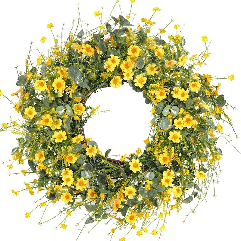

Весенний венок с желтыми маргаритками, искусственный цветочный венок с зелеными листьями эвкалипта для входной двери, украшение для дома