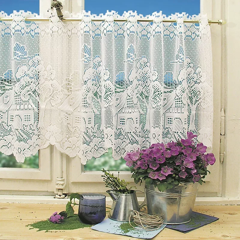 

Lace Jacquard Window Curtain Valance White Lace Hem Coffee Short Curtain for Cabinet Door Bedroom Home Decor