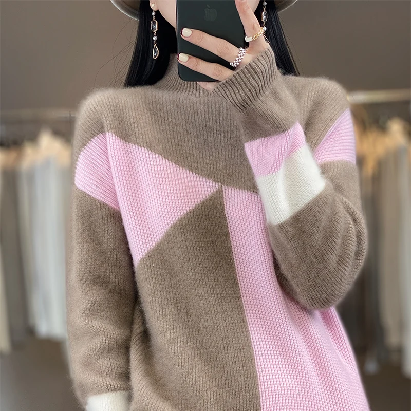 

Pullover, cashmere sweater, women's knitted new half high collar, westernized trend, 100% wool, women's sweater, hot selling