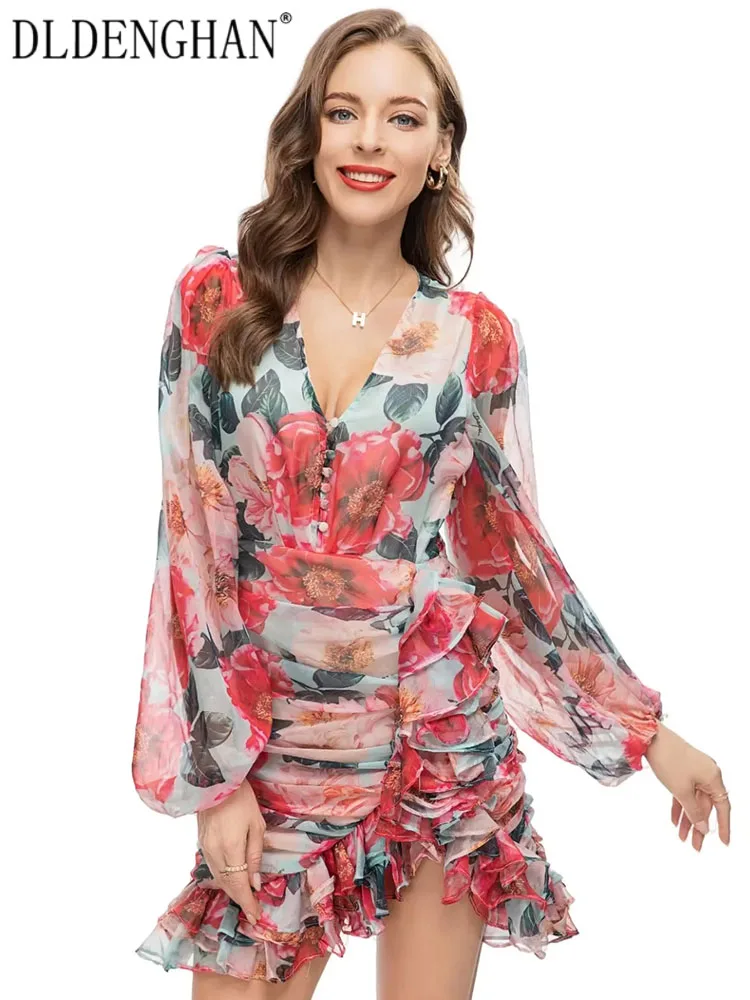 

DLDENGHAN Spring Summer Dress Women V-Neck Lantern Sleeve Flowers Print Ruffle Folds Bohemian Vacation Dress Fashion Runway New