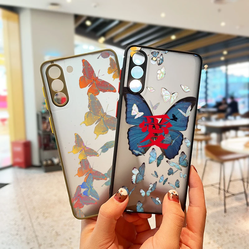 

Luxury colorful butterfly flying For Samsung S22 S21 Ultra S20 FE S10E S10 Lite S9 S8 Plus Frosted Translucent Matte Phone Case