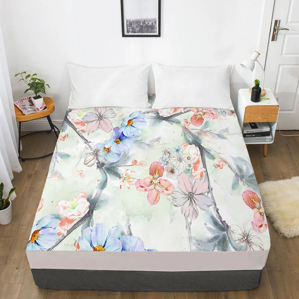 

1pc Elastic fitted sheet bed sheet With An Elastic Band Mattress Cover 160x200 180x200 Customizable size Bed cover flower Cyan