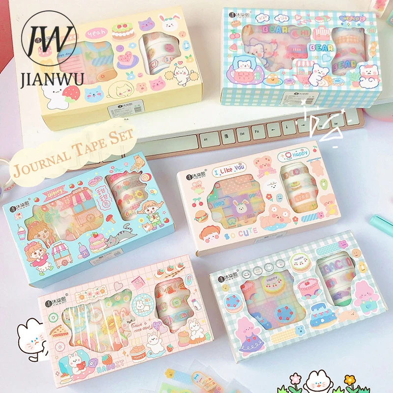 

JIANWU 4/5Rolls 8/9Pcs Cute Cartoon Stickers Washi Tape Gift Box Set DIY Collage Material Journal Scrapbooking Kawaii Stationery