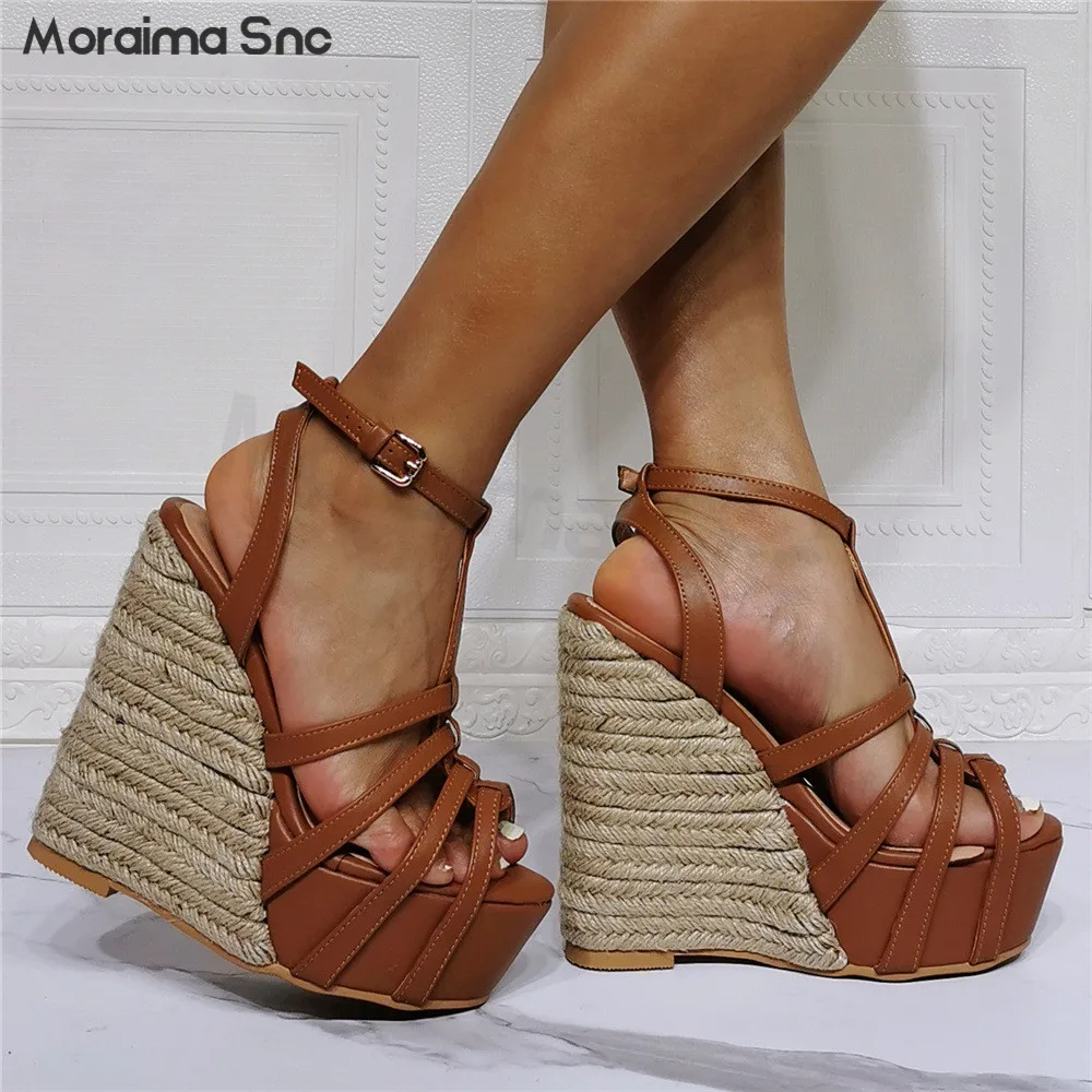 Women's Straw Woven Wedge Sole Fine Strap Sandals Coffee Color Banquet Large Size Sexy Fashion Hollowed Out High Heel Sandals
