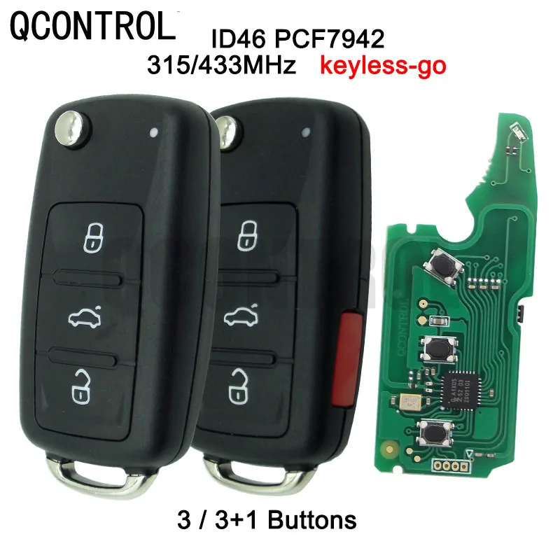 

QCONTROL Key 3/3 1Panicfor VW Volkswagen Keyless Flip Remote 315/433MHz Go Fob Touareg Phaeton 3D0959753AK ID46 7942 Chip