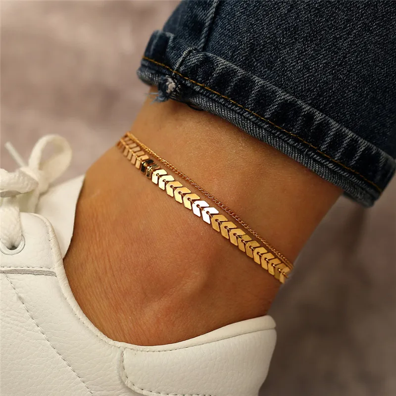 LETAPI Bohemian Vintage Double Layers Anklets For Women Gold Color Summer Ocean Beach Ankle Bracelet Foot Leg Chain Jewelry