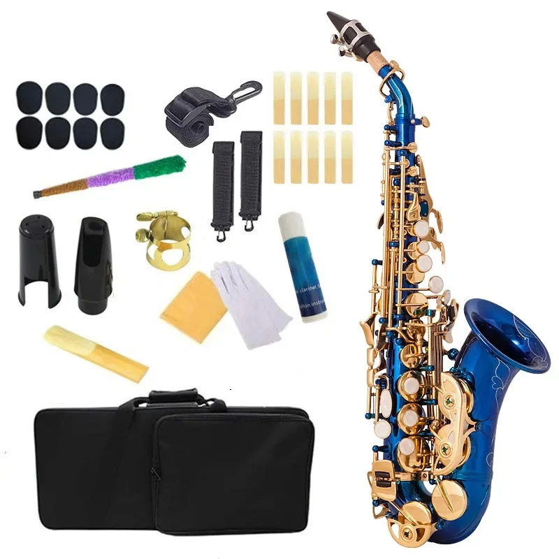 

New blue Bb professional curved soprano saxophone brass gold key deep engraved pattern professional-grade tone SAX instrument