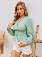 frilled shirred womens blouse casual lantern long sleeve solid spring ruffles hem lady top v neck high waist