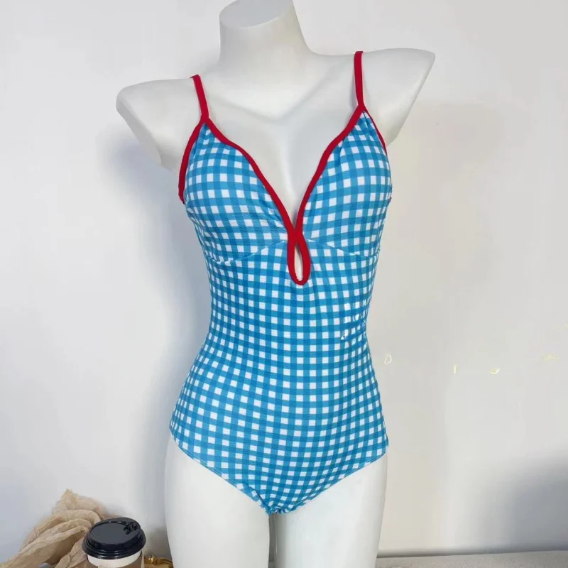 Корейская мода ретро клетчатый цельный купальник для женщин с юбкой тип высокой