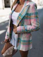pink plaid and striped fashion blazer office lady lapel double breasted business commute blazers spring autumn elegant chic coat