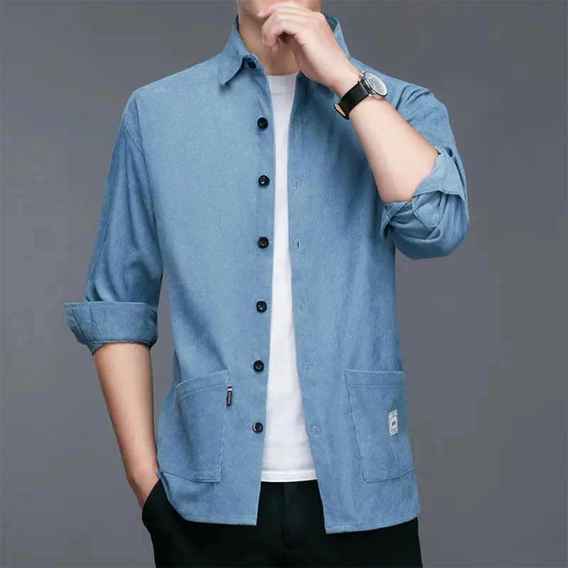 Stylish Solid Color Lapel Button Spliced Pockets Shirt Men's Clothing 2022 Autumn New Oversized Casual Tops Loose Korean Shirts