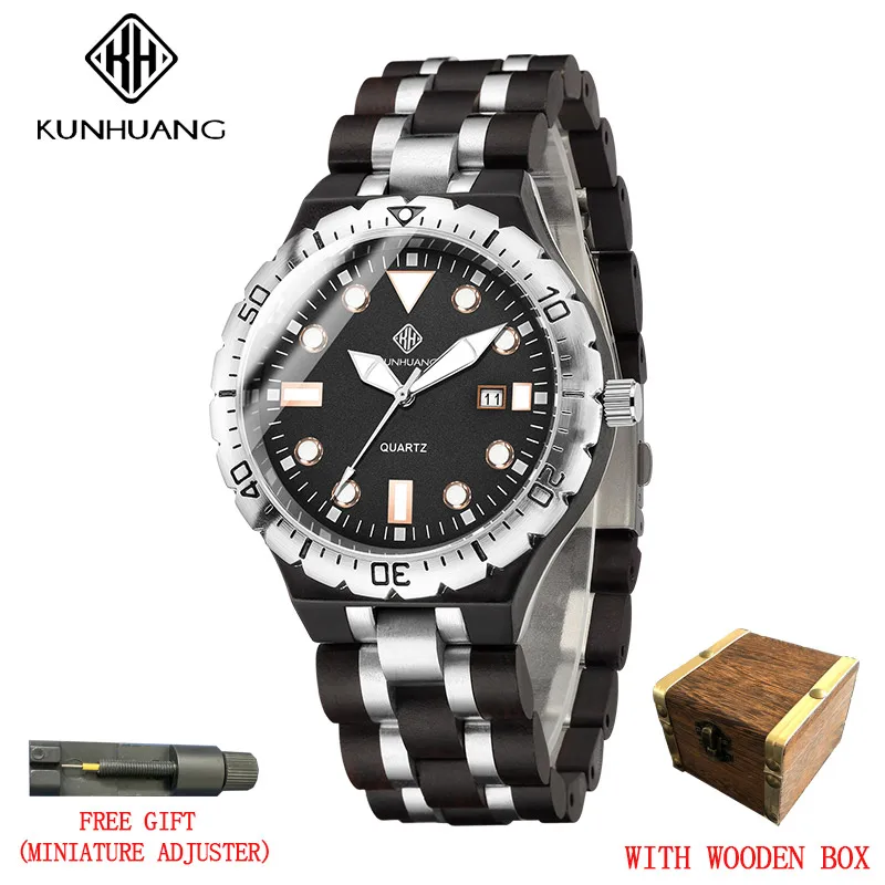 

Top Brand KUNHUANG Wooden Men's Watch Luxury Luminous Retro Quartz Clock Fashion Personality Wooden Watch for Men Relogio