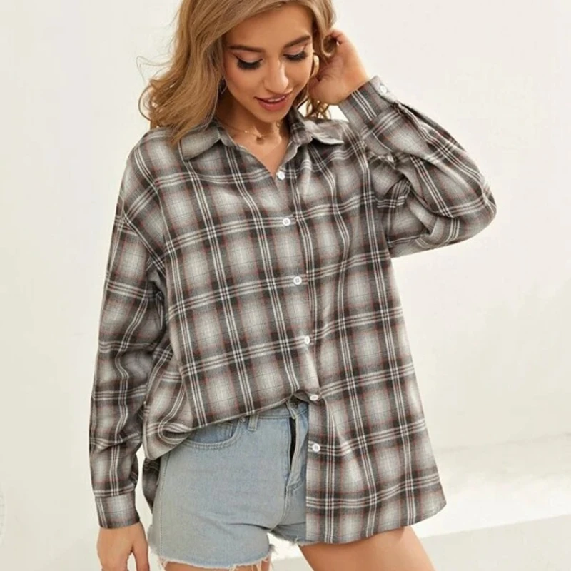 

New Spring Autumn Plaid Shirts Womens Blouses Long Sleeve Tops Female Casual Print Shirts Loose Cotton Checked Lady Outwear