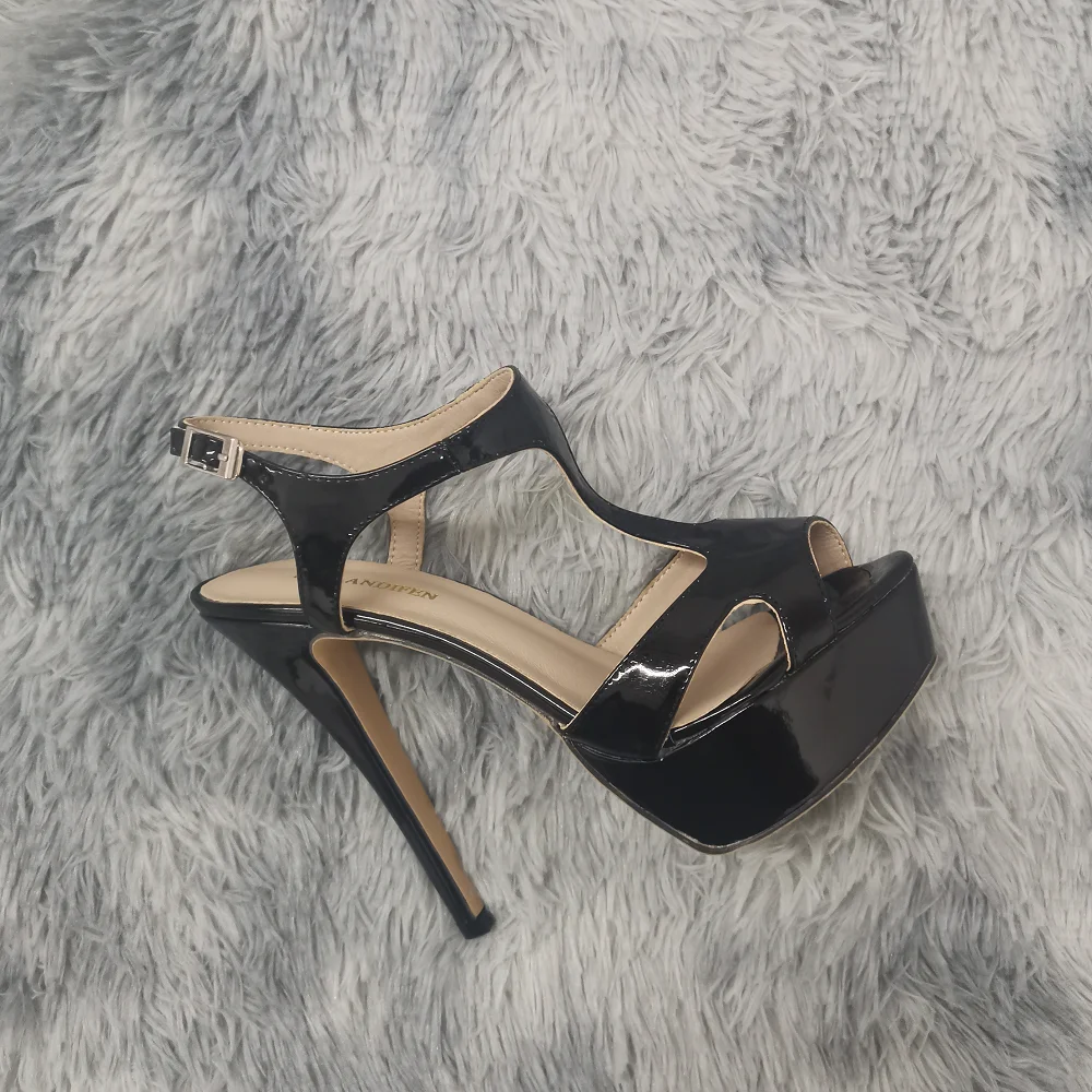 LOSLANDIFEN Women Sandals Sexy Peep Toe T-Strap Platform Summer Shoes Patent Leather 14cm Thin High Heels Party Wedding Shoes