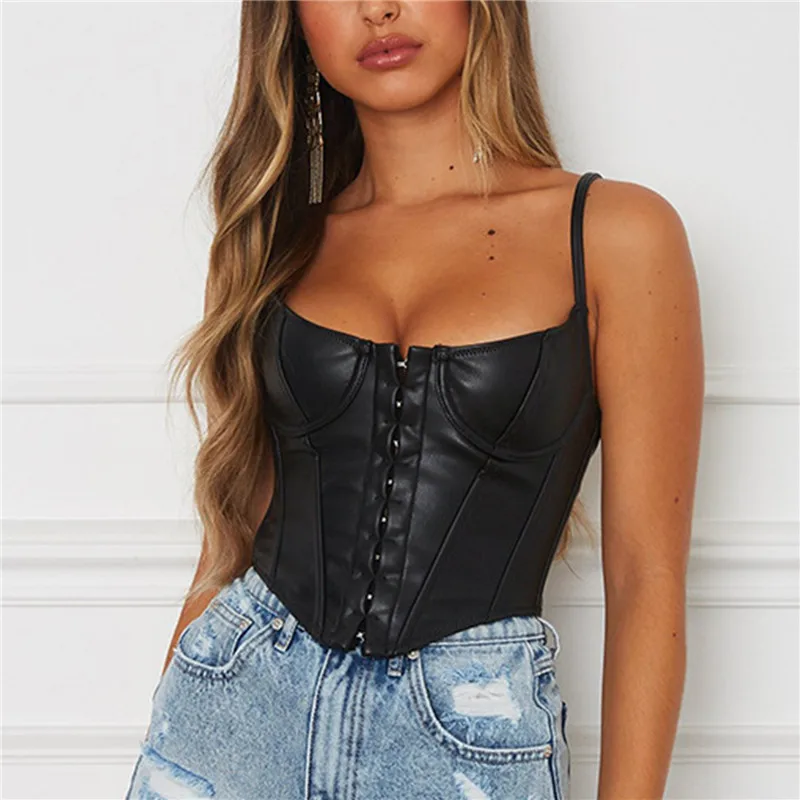 

Fashion Women's Corset Sexy Low-cut Camis Sling PU Crop Top Punk Style Club Party Female Sexy Camisole Casual Streetwear