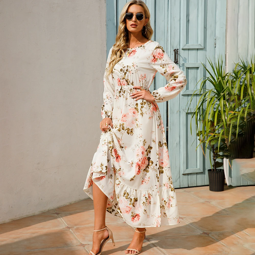 

Женское длинное платье с оборками, элегантное винтажное Повседневное платье с цветочным принтом, длинным рукавом и круглым вырезом, весна-лето